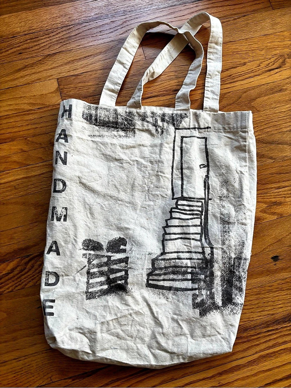 Graphic Canvas staircase Tote Bag in cream & Black